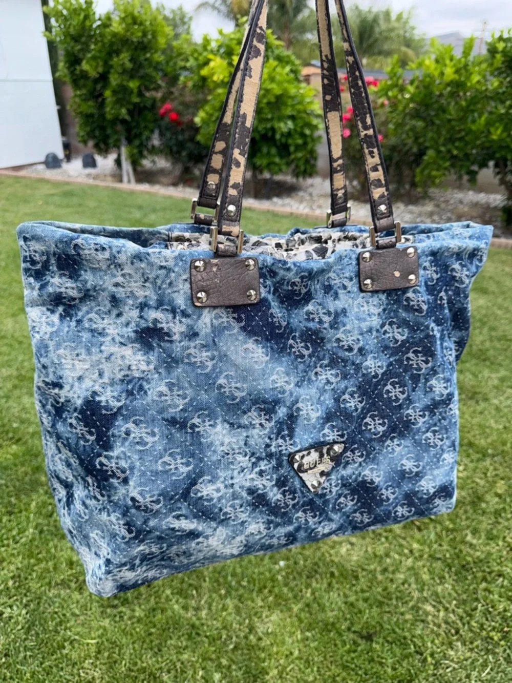 Vintage GUESS Blue Denim Logo Print Large Monogram Y2K Tote Shoulder Bag-READ